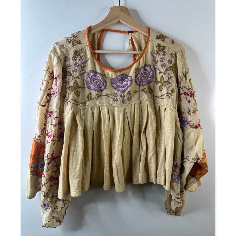 Free People Waiting On A Sunny Day Top Embroidered Birds Oversized XS Boho Gypsy - Picture 12 of 13